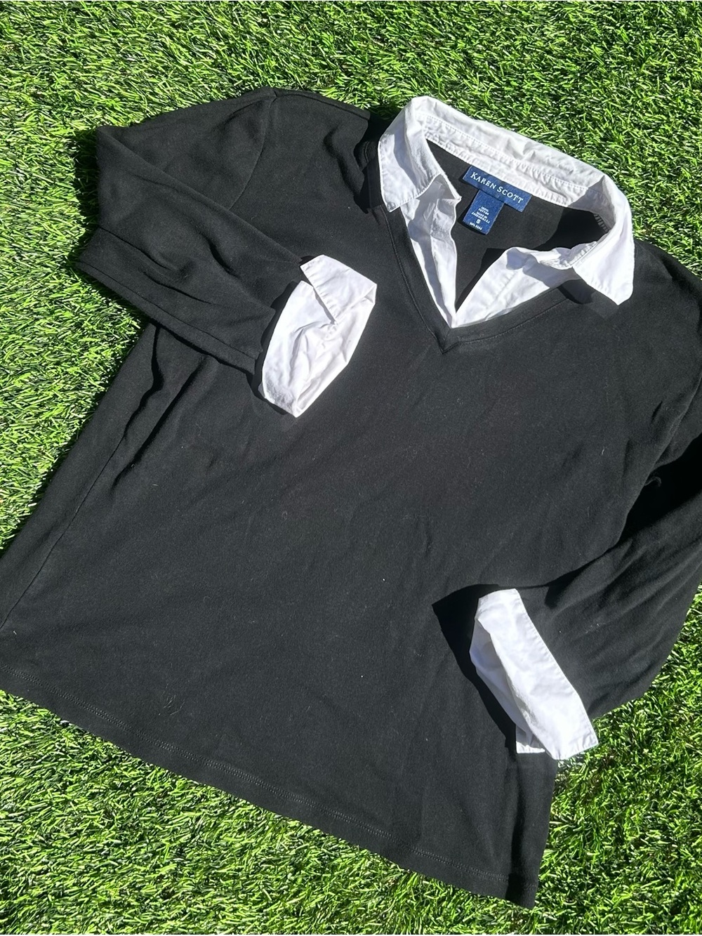 Karen Scott Black V-Neck Sweater with White Collar Detail